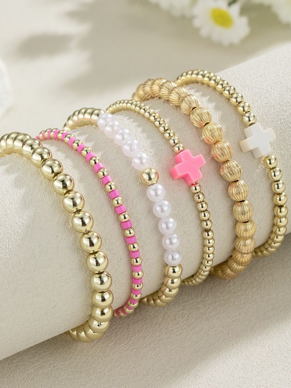Gold Beaded Bracelet Set with Pink & White Accents